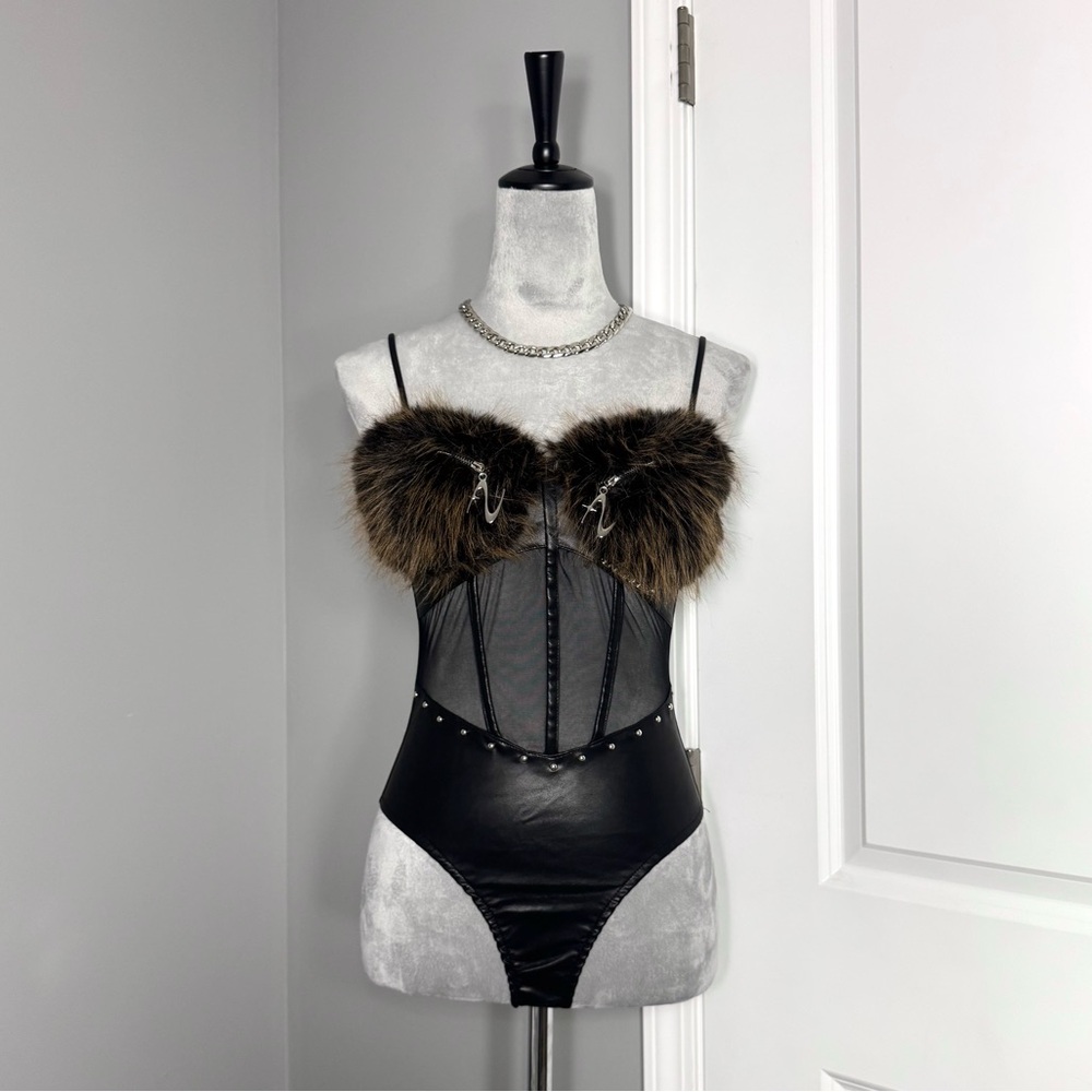 Futuristic Y2K Faux Fur + Leather Mesh Corset Bodysuit with Silver Hardware